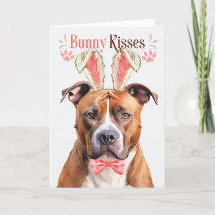 Tan Pit Bull Dog in Bunny Ears voor Pasen Feestdagen Kaart