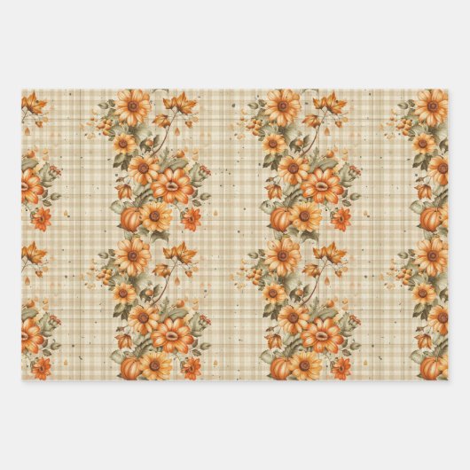 TAN PLAID PATROON MET  ORANJE HERFST BLOEMEN INPAKPAPIER VEL (Voorkant 3)