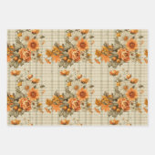 TAN PLAID PATROON MET ORANJE HERFST BLOEMEN INPAKPAPIER VEL (Voorkant 2)