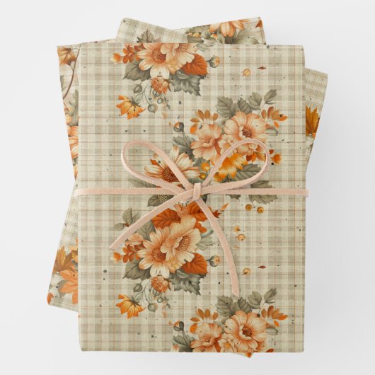 TAN PLAID PATROON MET ORANJE HERFST BLOEMEN INPAKPAPIER VEL (In situ)