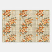 TAN PLAID PATROON MET ORANJE HERFST BLOEMEN INPAKPAPIER VEL (Voorkant)