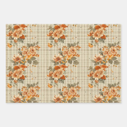 TAN PLAID PATROON MET ORANJE HERFST BLOEMEN INPAKPAPIER VEL (Voorkant)