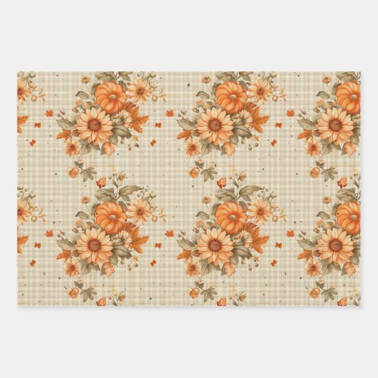 TAN PLAID PATROON MET ORANJE HERFST BLOEMEN INPAKPAPIER VEL (Voorkant 3)