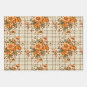 TAN PLAID PATROON MET  ORANJE HERFST BLOEMEN INPAKPAPIER VEL (Voorkant 2)