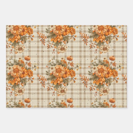 TAN PLAID PATROON MET  ORANJE HERFST BLOEMEN INPAKPAPIER VEL (Voorkant 2)