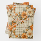 TAN PLAID PATROON MET ORANJE HERFST BLOEMEN INPAKPAPIER VEL (In situ)
