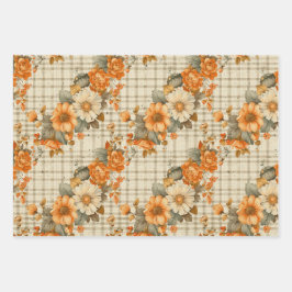 TAN PLAID PATROON MET ORANJE HERFST BLOEMEN INPAKPAPIER VEL