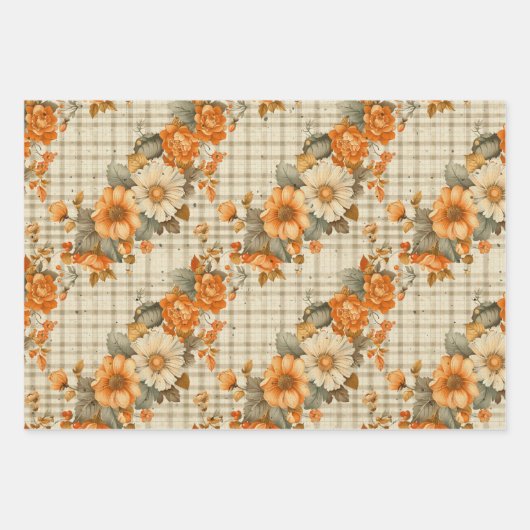 TAN PLAID PATROON MET ORANJE HERFST BLOEMEN INPAKPAPIER VEL (Voorkant)