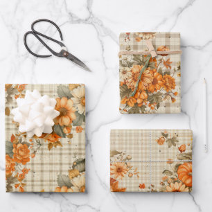 TAN PLAID PATROON MET  ORANJE HERFST BLOEMEN INPAKPAPIER VEL
