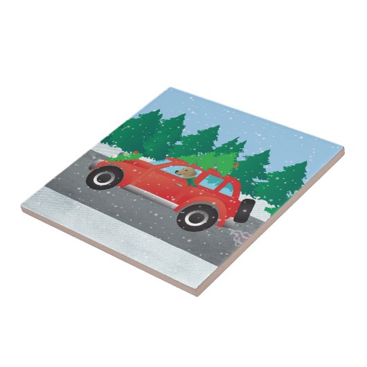 Tan Plott Hound Driving Kerstmis auto Tegeltje (Zijkant)