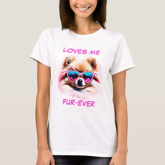 Tan Pomeranian roze hartvormige zonnebril T-shirt (Voorkant)