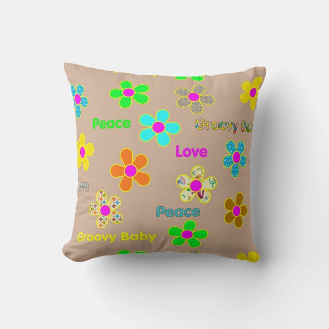 Tan Psychedelic 60s Groovy Flowers Print Pillow Kussen (Voorkant)