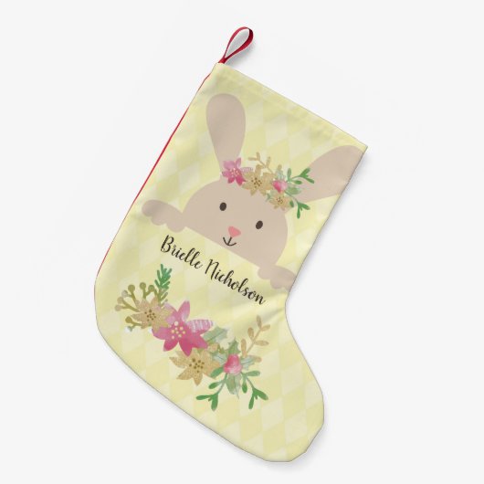 Tan Rabbit Pink Gold Poinsettia Floral Kleine Kerstsok (Voorkant (Hangend))