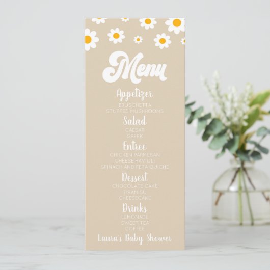 Tan Retro Daisy Flower Baby shower Voedsel Menu (Staand voorkant)