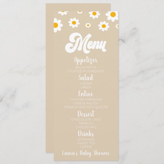Tan Retro Daisy Flower Baby shower Voedsel Menu (Voorkant / Achterkant)