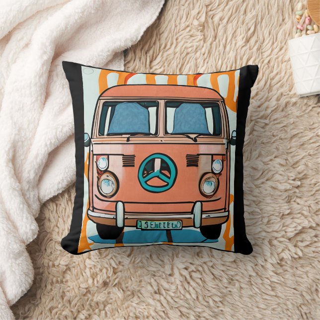 Tan Retro Hippie Van  Kleuren Kunst Kussen (Deken)