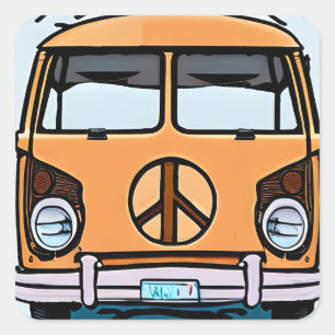 Tan Retro Hippie Van  Kleuren Kunst Vierkante Sticker