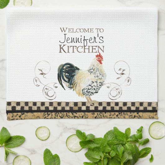 Tan Rooster Black & Tan Check Swirl Kitchen Theedoek (Gevouwen)