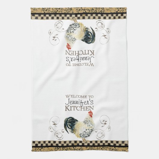 Tan Rooster Black & Tan Check Swirl Kitchen Theedoek (Verticaal)