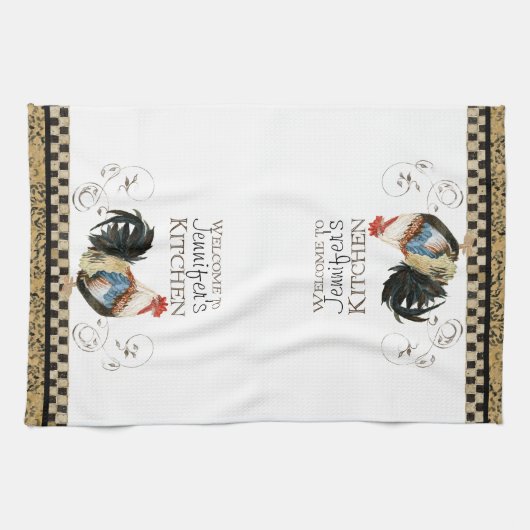 Tan Rooster Black & Tan Check Swirl Kitchen Theedoek (Horizontaal)