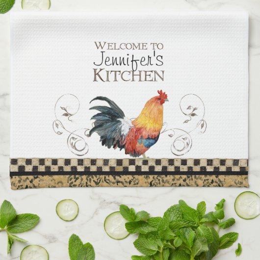 Tan Rooster Black & Tan Check Swirl Kitchen Theedoek (Gevouwen)