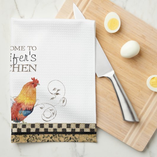 Tan Rooster Black & Tan Check Swirl Kitchen Theedoek (Quarter Fold)