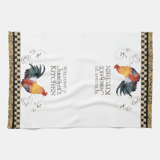 Tan Rooster Black & Tan Check Swirl Kitchen Theedoek (Horizontaal)