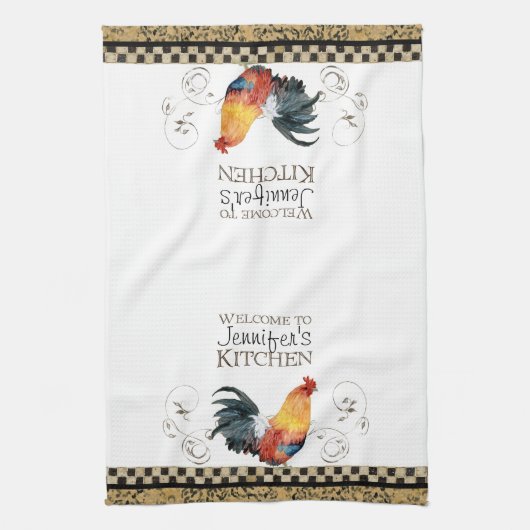 Tan Rooster Black & Tan Check Swirl Kitchen Theedoek (Verticaal)