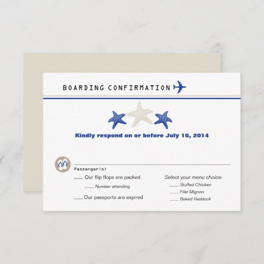 Tan Royal Blue Starfish boarding Pass RSVP (Voorkant / Achterkant)