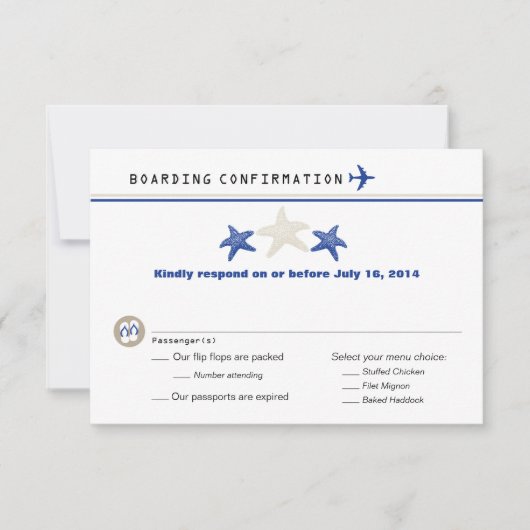 Tan Royal Blue Starfish boarding Pass RSVP Kaartje (Voorkant)