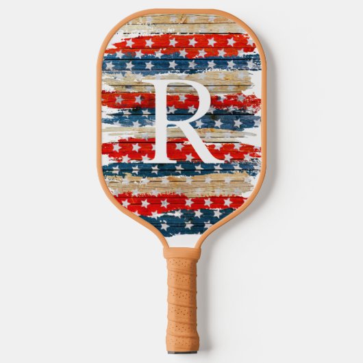 Tan Rustic American Flag Monogram Pickleball Paddle (Voorkant)