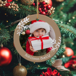 Tan Rustic Circle Photo Snowflakes Keramisch Ornament