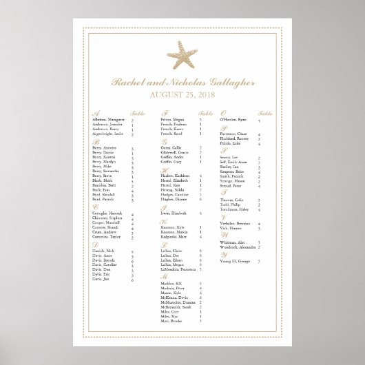 Tan Sand Graceful Starfish 24x36Seating Chart Poster (Voorkant)