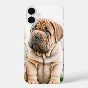 TAN SHAR PEI PUPPY HOND IN WILDE BLOEMEN iPhone 16 PLUS HOESJE