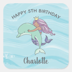 Tan Skin Paarse Zeemeermin met Dolphin Birthday Vierkante Sticker