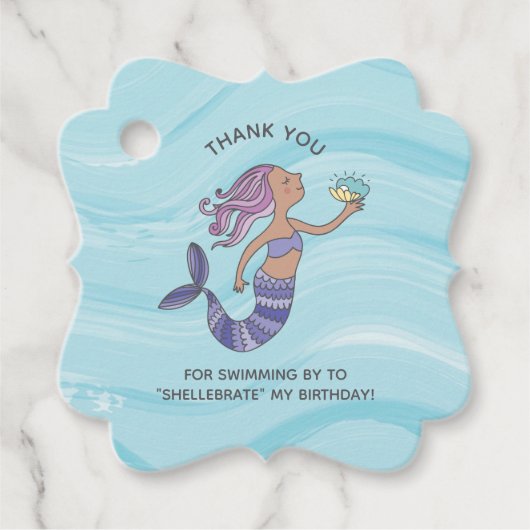 Tan Skin Paarse Zeemeermin met Zee Schildpad Verja Bedankjes Labels (Voorkant)