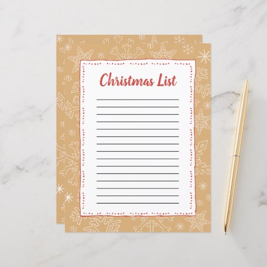 Tan Snowflake Kerstmis BG Santa Wish List (Voorkant / Achterkant in situ)