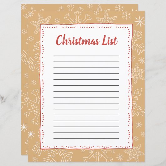 Tan Snowflake Kerstmis BG Santa Wish List (Voorkant / Achterkant)
