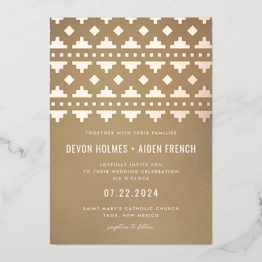 Tan Southwest Gleam Wedding Roos Gold Folie Uitnodiging (Voorkant)