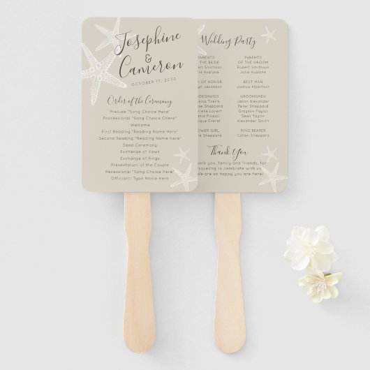 Tan Starfish Beach Wedding Program Fan Handwaaier (Voorkant en achterkant)