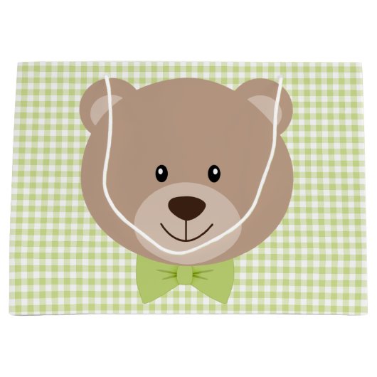 TAN TEDDYBEER MET GROENE BOOG STROPDAS & GINGHAM P GROOT CADEAUZAKJE (Voorkant)