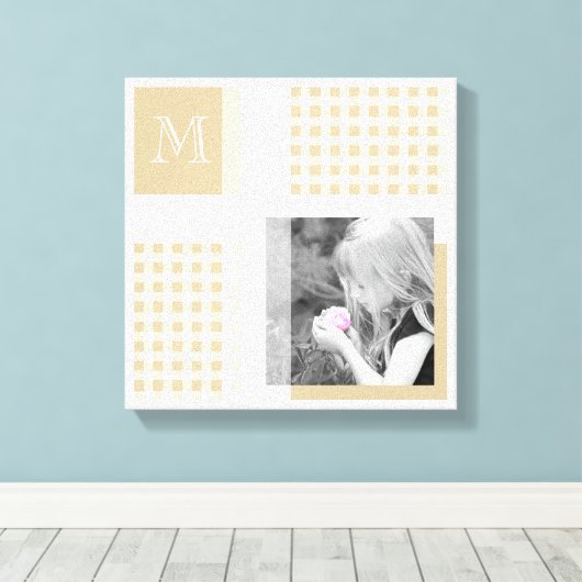 Tan Voeg je foto toe Gingham Modern Brown Monogram Canvas Afdruk (Insitu (Houten vloer))