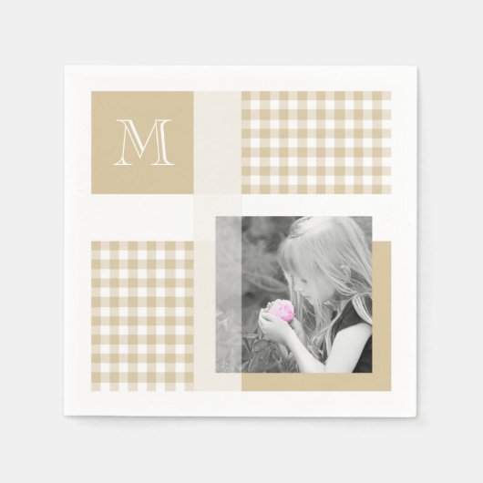 Tan Voeg je foto toe Gingham Modern Brown Monogram Servet (Voorkant)