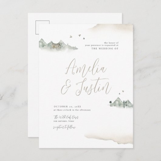 Tan Waterverf Mountain Destination Wedding Uitnodiging Briefkaart (Voorkant / Achterkant)