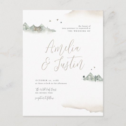 Tan Waterverf Mountain Destination Wedding Uitnodiging Briefkaart (Voorkant)