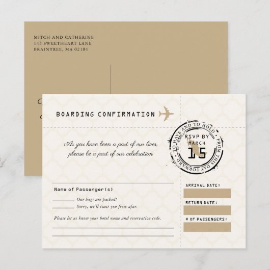 Tan Wedding RSVP Boarding Pass naar Mexico Briefkaart (Voorkant / Achterkant)
