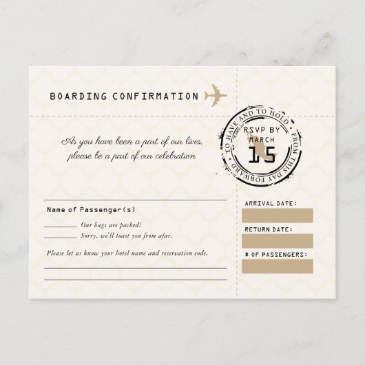 Tan Wedding RSVP Boarding Pass naar Mexico Briefkaart (Voorkant)
