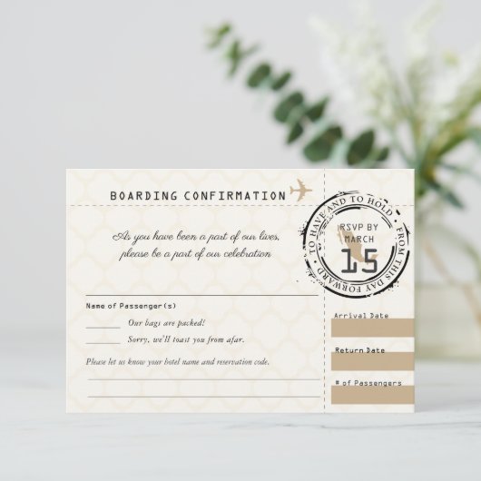 Tan Wedding RSVP Boarding Pass naar Mexico Kaartje (Staand voorkant)