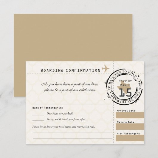 Tan Wedding RSVP Boarding Pass naar Texas (Voorkant / Achterkant)