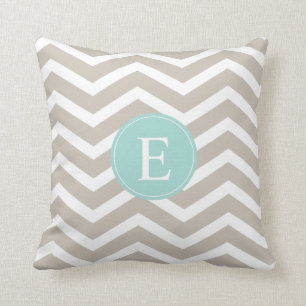 Tan White Chevron Blauwgroen monogram Kussen